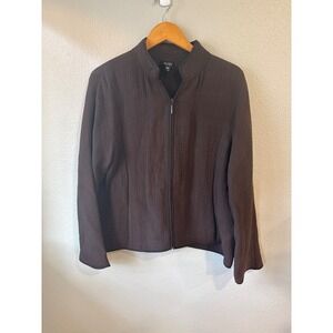 Eileen Fisher Zip Up Jacket Women XL Brown Crinkle Texture Mock Neck‎ Minimalist